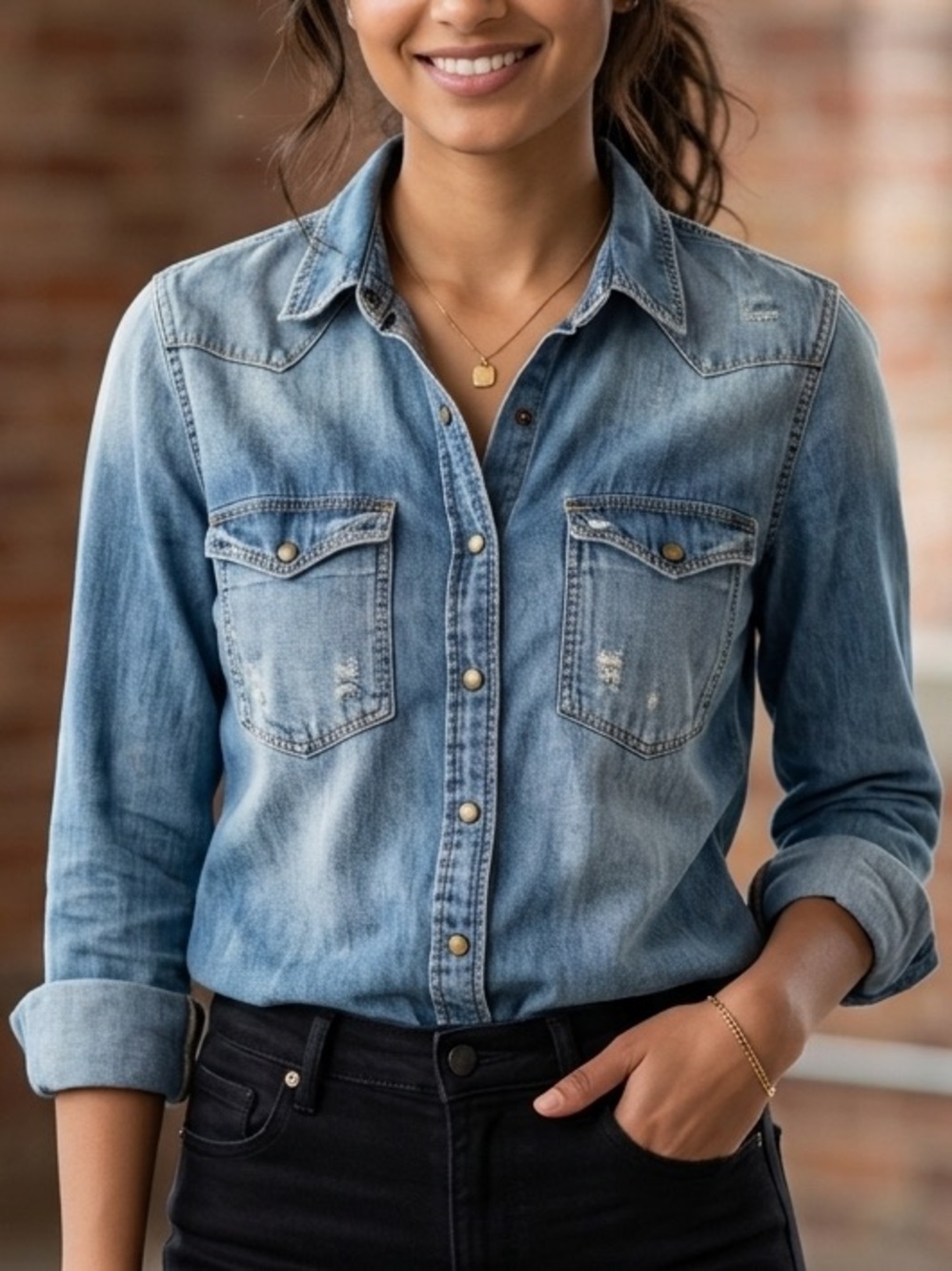 Zara Trafaluc Denim Western Shirt Medium Wash Pearl Snap Button Down Boho Small